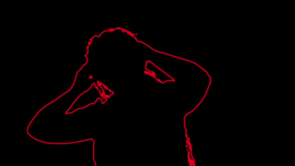 Red outline of a woman holding her hands at the temples with a headache on a black background — Stock Video