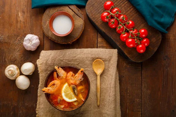 Tom Yam Soup Shrimps Coconut Milk Table Napkin Next Milk — Stock Photo, Image