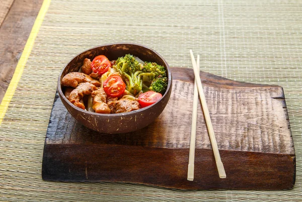 Chicken Udon Japanese Sauce Plate Coconut Chips Chopsticks Stand Horizontal — Stock Photo, Image