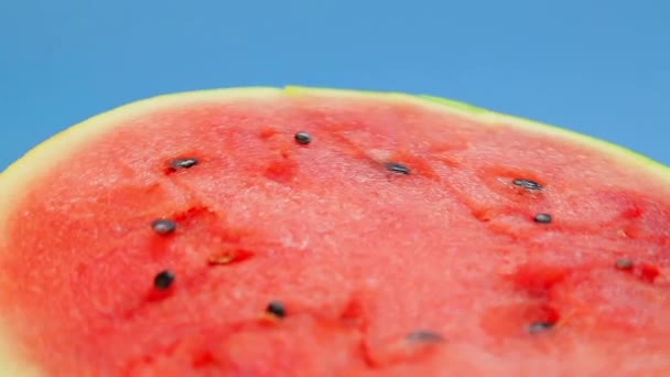 Metade de uma melancia suculenta madura em um fundo azul giram em um círculo — Vídeo de Stock