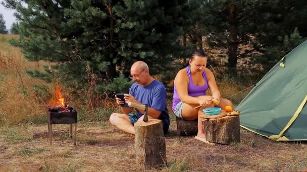 男と女、テントの近くの夫婦は彼女が夕食を準備するのを助けるように頼む、そして男はガジェットと遊ぶ、彼の妻は誓う — ストック動画