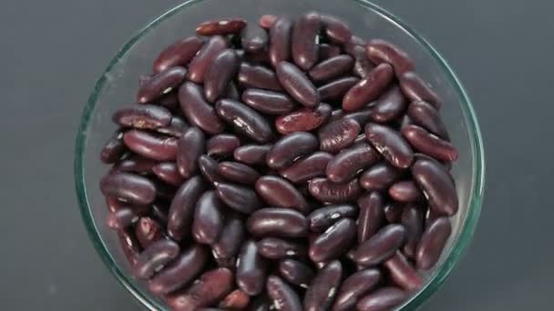 Red beans in a bowl on a black background rotate in a circle top view — Stock Video