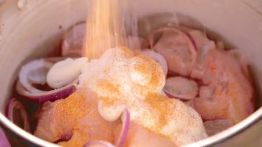 Bir kadın el salamura kebap ve baharat serpiştirir.