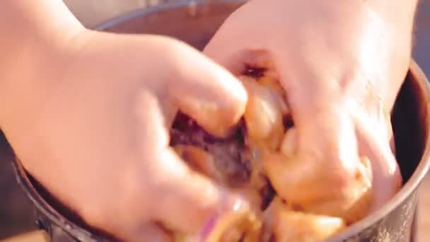 Les mains des femmes mélangent viande marinée avec des épices et des légumes — Video