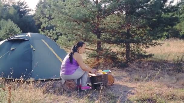 Femme près de la tente dans le camping prépare des coupes de nourriture légumes — Video