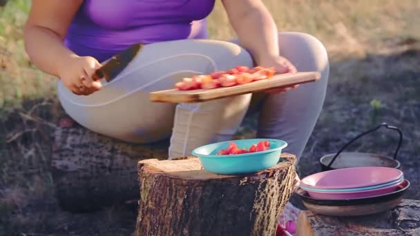 Žena bez tváře v blízkosti stanu v kempu připravuje jídlo a krájí zeleninu — Stock video