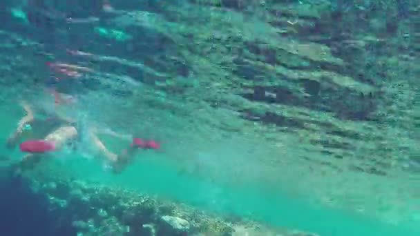 Une Femme Nage Dans Mer Avec Enfant Sur Lit Dormant — Video