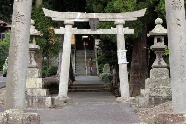 Ludzie Schodzą Schodach Ikime Jinja Japońskiego Sanktuarium Beppu Japonii Wykonane — Zdjęcie stockowe