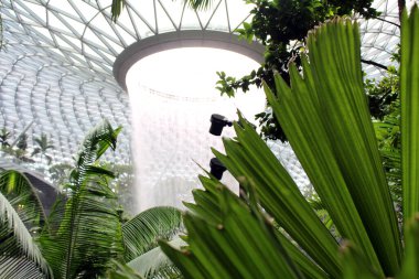 Singapur Jewel Changi Havalimanı 'ndaki Yağmur Girdabı şelalesinin yakın görüntüsü (Temmuz 2024' te çekildi.)