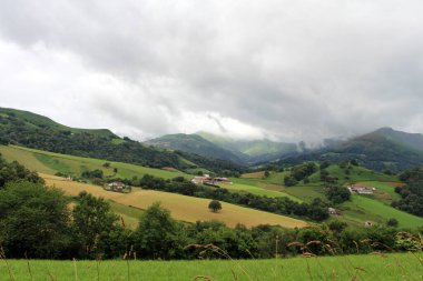 Saint-Jean-Pied-de-Port 'un dışındaki Camino rotasında yeşil tarlaları ve geleneksel evleri olan kır manzarası, Temmuz 2024' te çekildi..