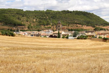 Maneru 'dan sonra Iconic Camino de Santiago manzarası, San Pedro Kilisesi ve Navarra' nın arka planında köy Temmuz 2024