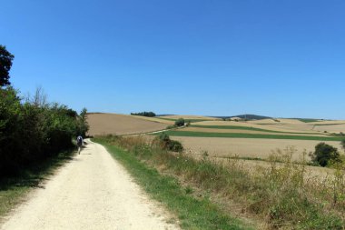 Espinosa del Camino 'dan ayrılan toprak yol Villafranca Montes de Oca' ya doğru gidiyor. Açık kırsal bölge Temmuz 202