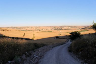 Temmuz 2024 'te Hornillos del Camino' nun uzak görüntüsü kırsal ufuk çizgisi ve Camino yolu