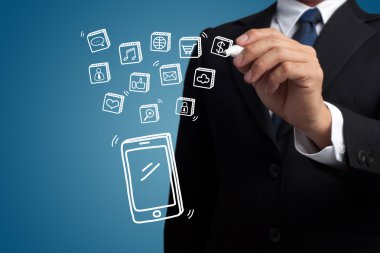 iş adamı ele çekin smartphone ve sosyal medya simge