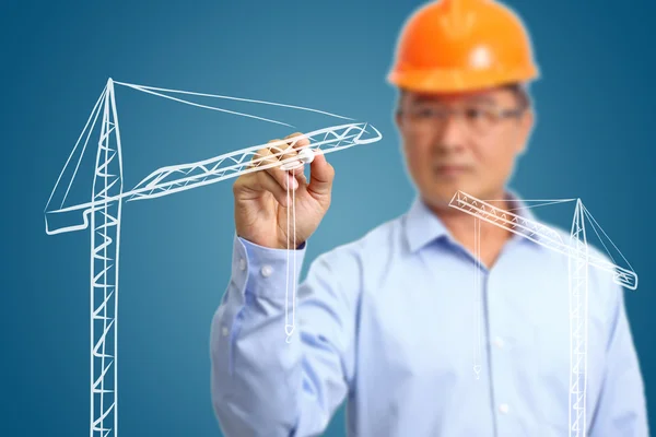 Business man drawing tower crane — Stock Photo, Image