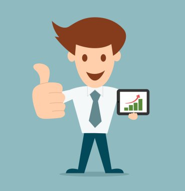 Tablet pc vektör illustra holding iş adam çizgi film karakteri