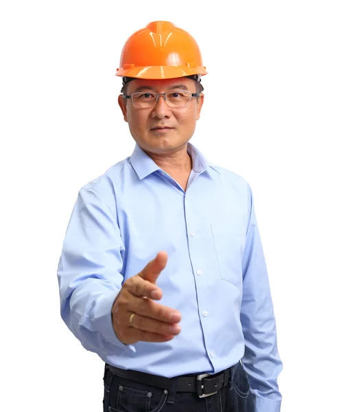 Portrait of an handsome engineer giving the hand shake isolated — Stock Photo, Image