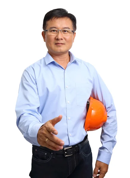 Portrait of an handsome engineer giving the hand shake isolated — Stock Photo, Image