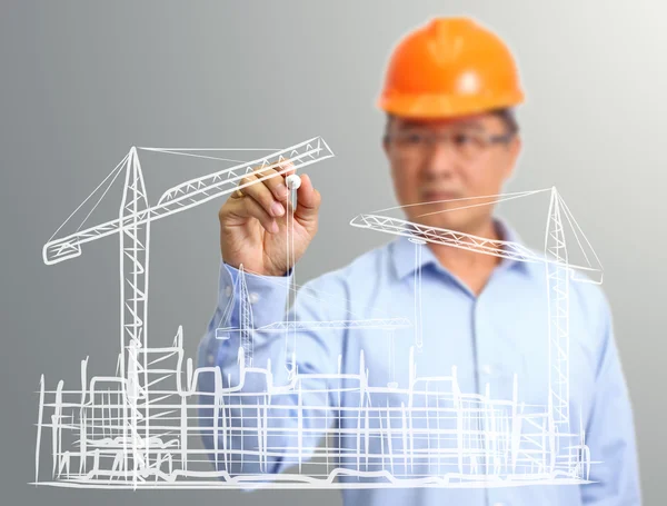 Ingeniero mano dibujar sitio de construcción en la pantalla virtual — Foto de Stock