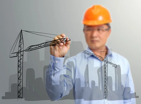 エンジニアの手が建設現場を仮想画面上に描画します。 — ストック写真