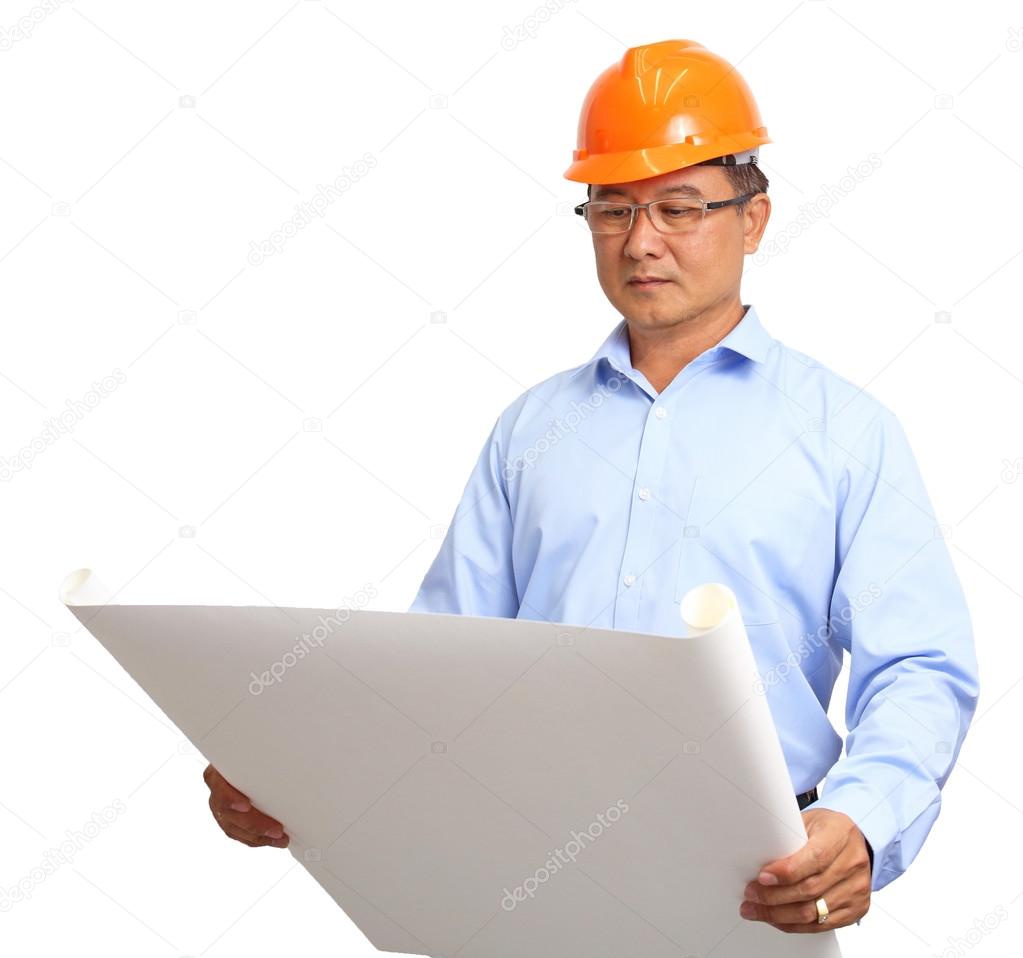 Portrait of handsome engineer at work isolated on white backgrou