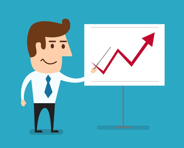 Business man standing pointing at chart growing graph vector. — Stock Vector