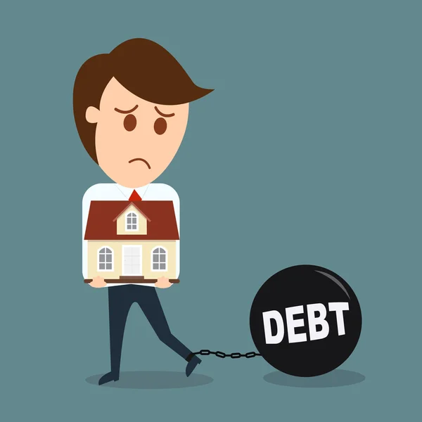 Uomo d'affari tenere casa, vettore concetto di debito — Vettoriale Stock