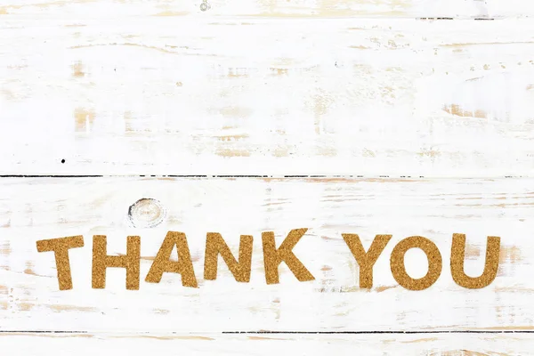 The word thank you cork on white wood background — Stock Photo, Image