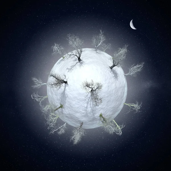 Miniature Planet Leafless Winter Trees Night Time — Stock Photo, Image