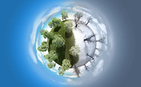 Miniaturplanet Mit Grünen Sommerbäumen Und Blattlosem Wintergemüse Stockfoto