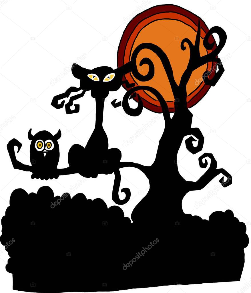 Gufo e gatto su un ramo nella notte di Halloween