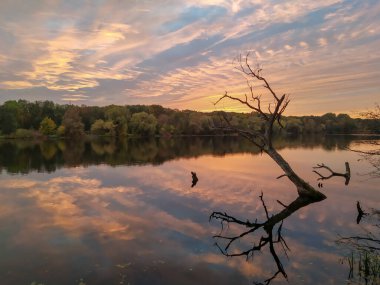 Poznan 'daki Rusalka Gölü' nde gün batımı yansımaları, daha büyük Polonya bölgesi..