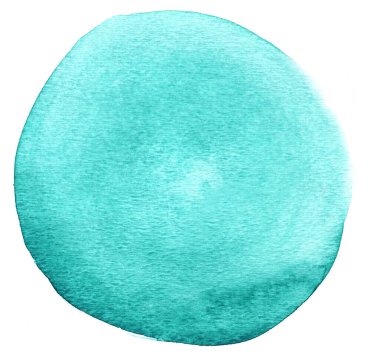 Beyaz arka planda elle boyanmış, deniz mavisi, suluboya bir daire.