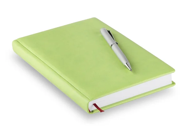 Diary with green cover and pen — Stock Photo, Image