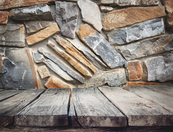 Hintergrund Planken und Steinmauer — Stockfoto