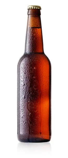 Bruine koud bierfles met druppels — Stockfoto