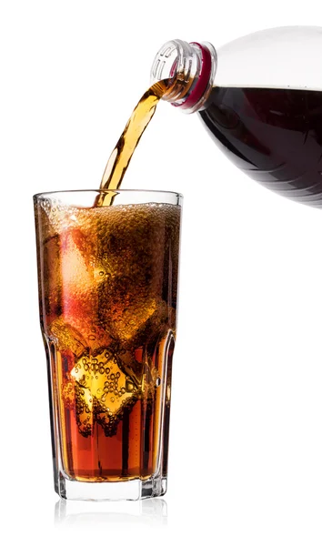 Cold cola with ice in glass and bottle — Stock Photo, Image