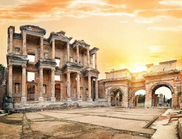 Library of Celsus in Ephesus with the setting sun Stock Image