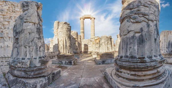 Panorama of Temple of Apollo in ancient city of Didim under the blue cloudy sky
