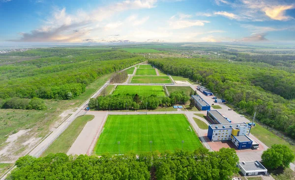 Treinamento de campos de futebol com grama verde na floresta de verão — Fotografia de Stock