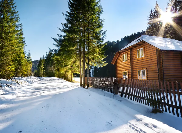 Wooden house in the woods near a road