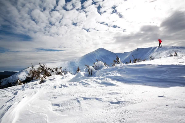 Hombre con una chaqueta roja en la montaña mirando a la nieve cubierta —  Fotos de Stock