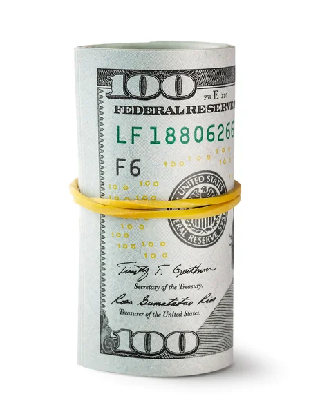 Gedraaide en spits toelopende rubber band honderd-dollarbiljetten — Stockfoto