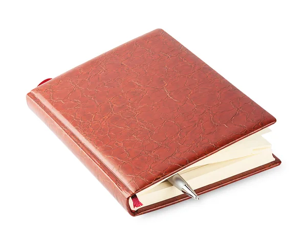 Diary with a brown leather cover and pen — Stock Photo, Image