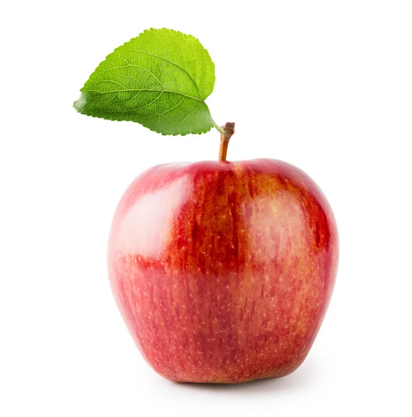 Red ripe apple with green leaf — Stock Photo, Image