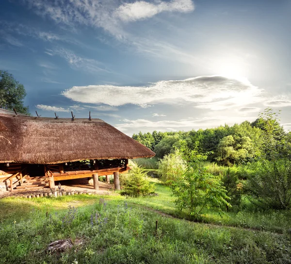 Pergola din lemn cu un acoperiș de thatched — Fotografie, imagine de stoc