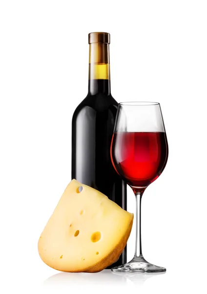 Glas och flaska rött vin med ost — Stockfoto