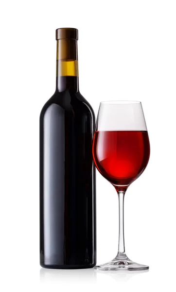 Rode wijn in glas met fles — Stockfoto