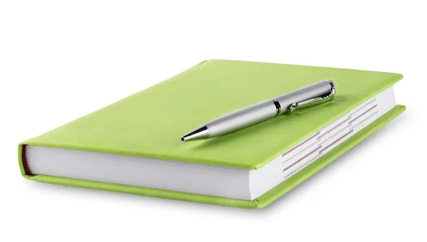 Πράσινο ημερολόγιο με στυλό — Φωτογραφία Αρχείου