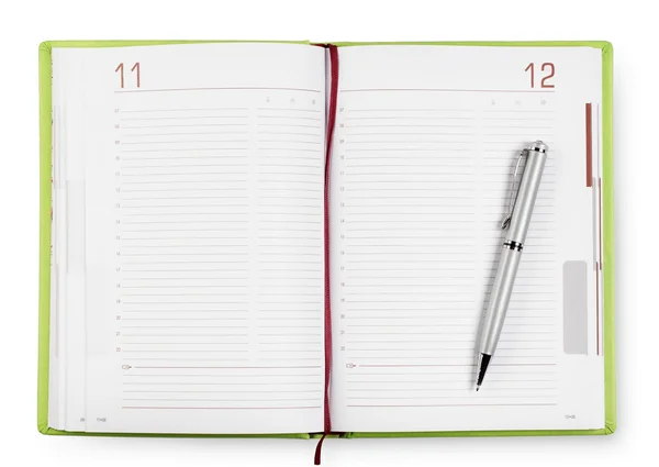 Grünes Tagebuch mit Stift öffnen — Stockfoto